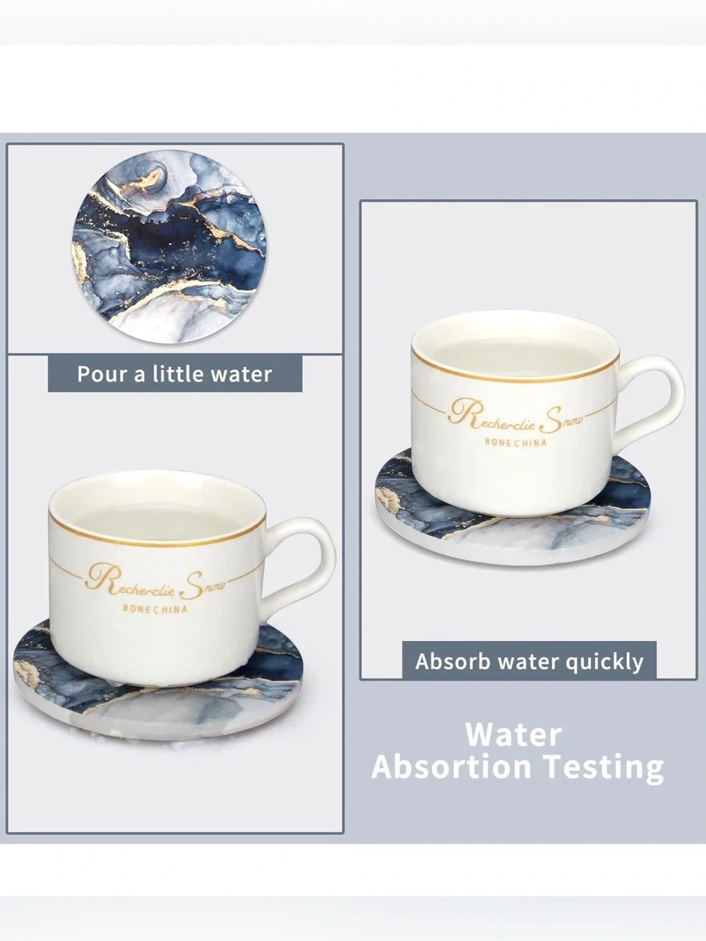 Blue Marble Gold Accent Round Coaster Set